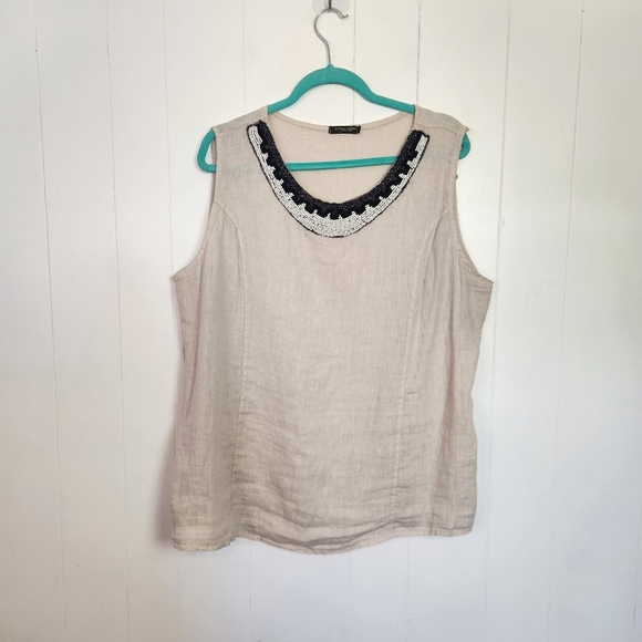 Lungo L'Arno Linen Beaded Shell Tank Top Ribbed Stretch Beige Womens Size 2X - Picture 1 of 8